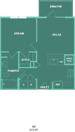 Floor plan for 1 bed, 1 bath, 613 sqft